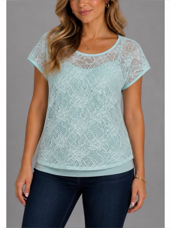 Chloe K Tops - CHLOE K • Minty Blue Floral Lace Open-Back Short Sleeve Blouse Top, L